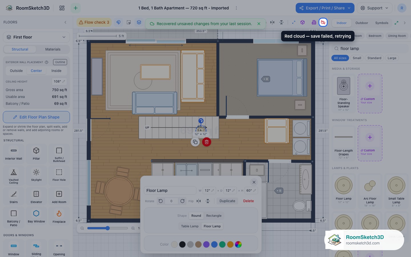 The red save indicator after a save the server refused: save failed, will retry — RoomSketch3D floor planner