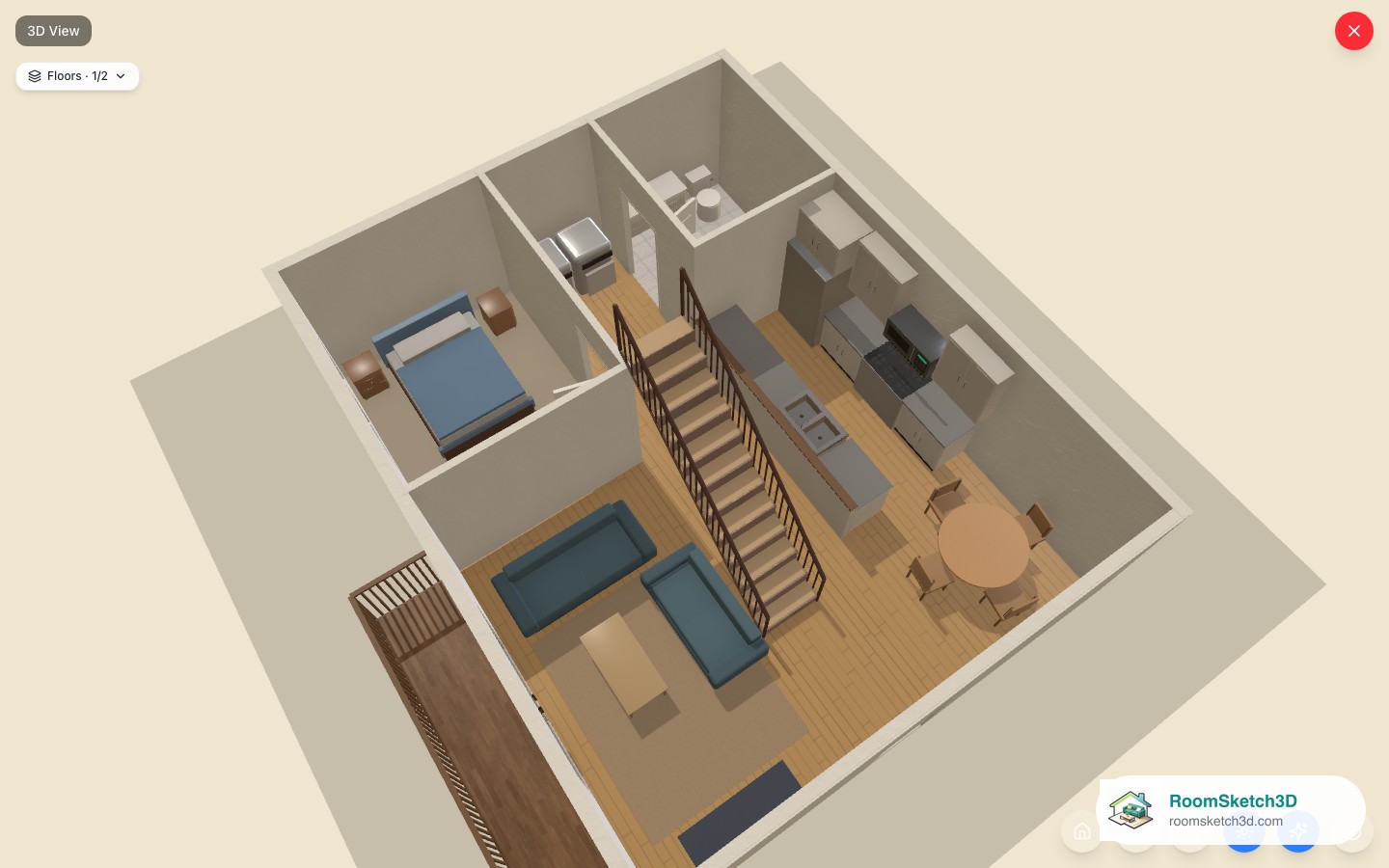 The 3D view after a left-drag, rotated to a new angle — RoomSketch3D room planner app