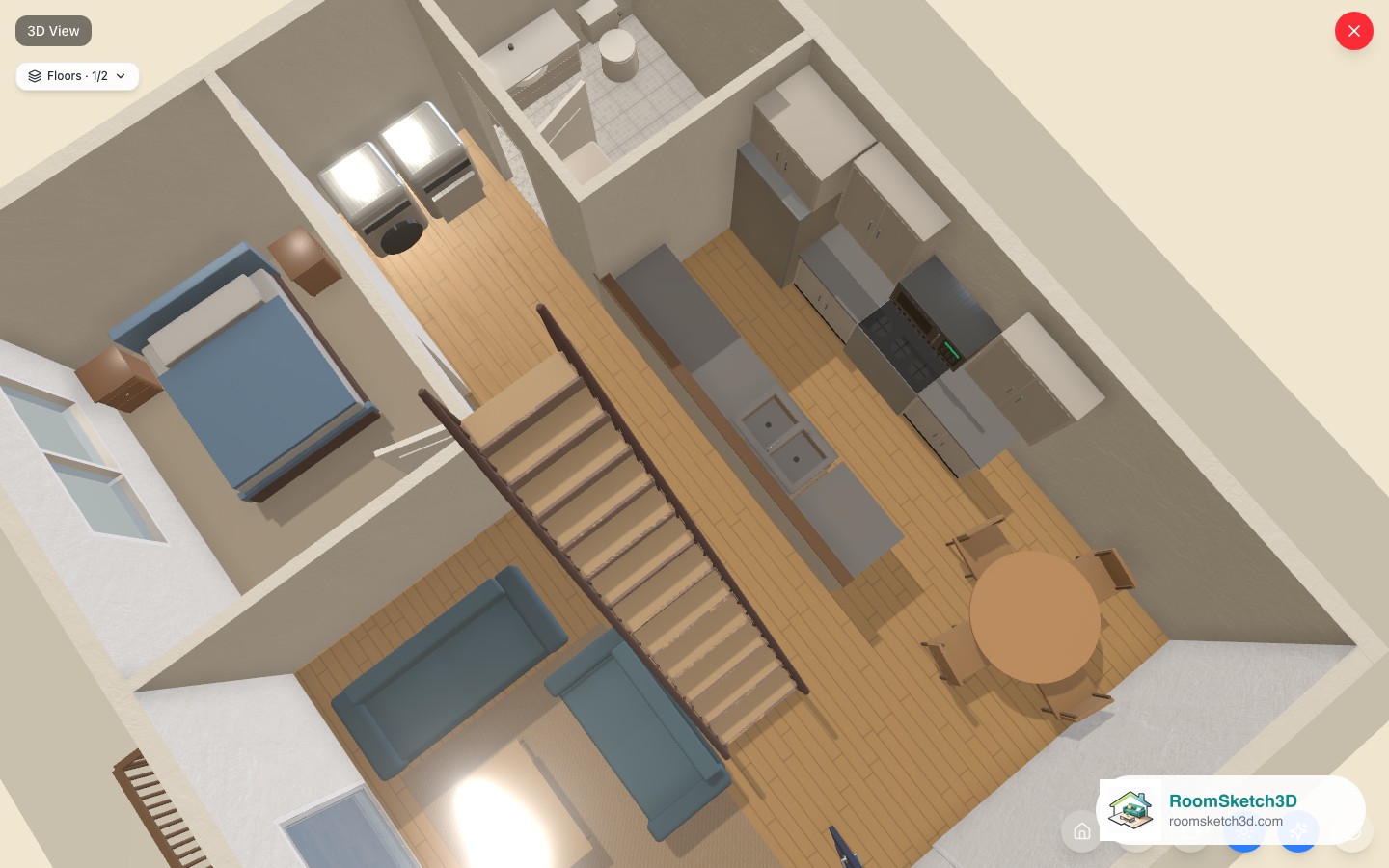 Zoomed in close on part of the plan in 3D — RoomSketch3D home design app