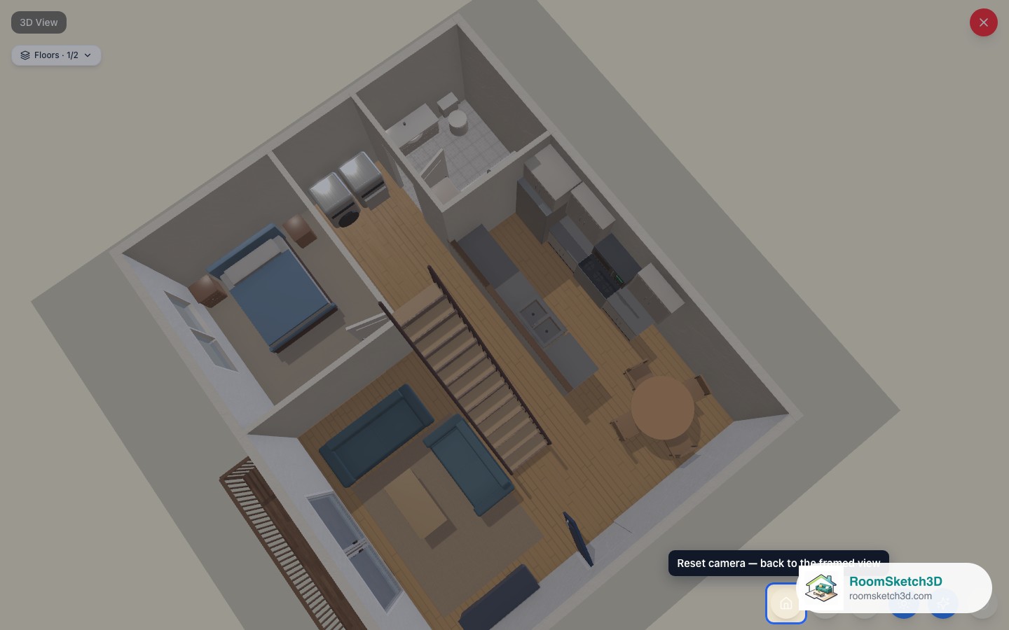 The Reset camera button highlighted at the bottom right of the 3D view — RoomSketch3D floor plan creator
