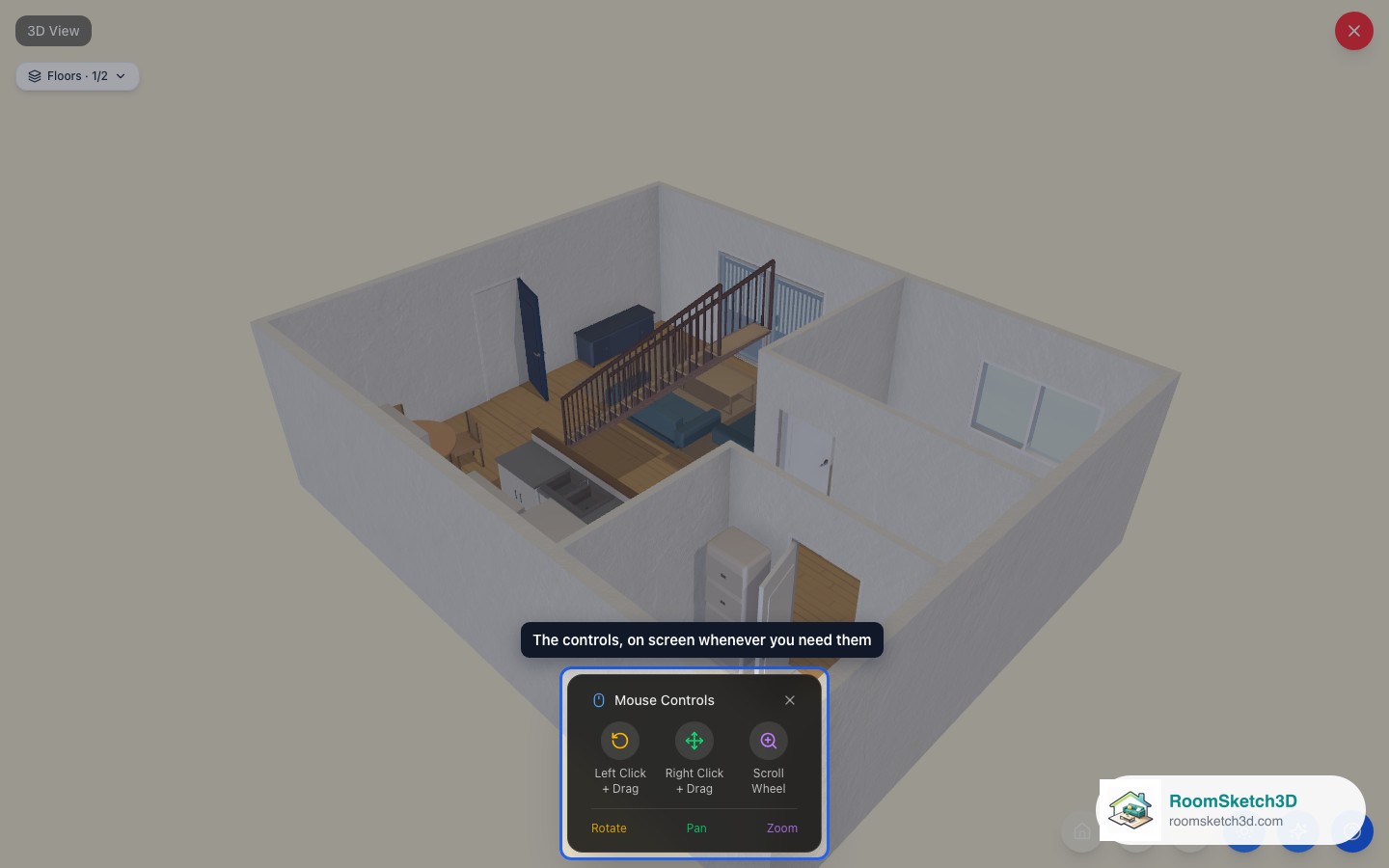 The on-screen controls help panel in the 3D view — RoomSketch3D floor plan creator