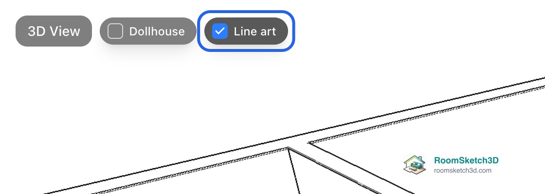 The top left of the RoomSketch3D 3D view on a computer, with the Line art switch ticked beside Dollhouse and the room drawn in black lines