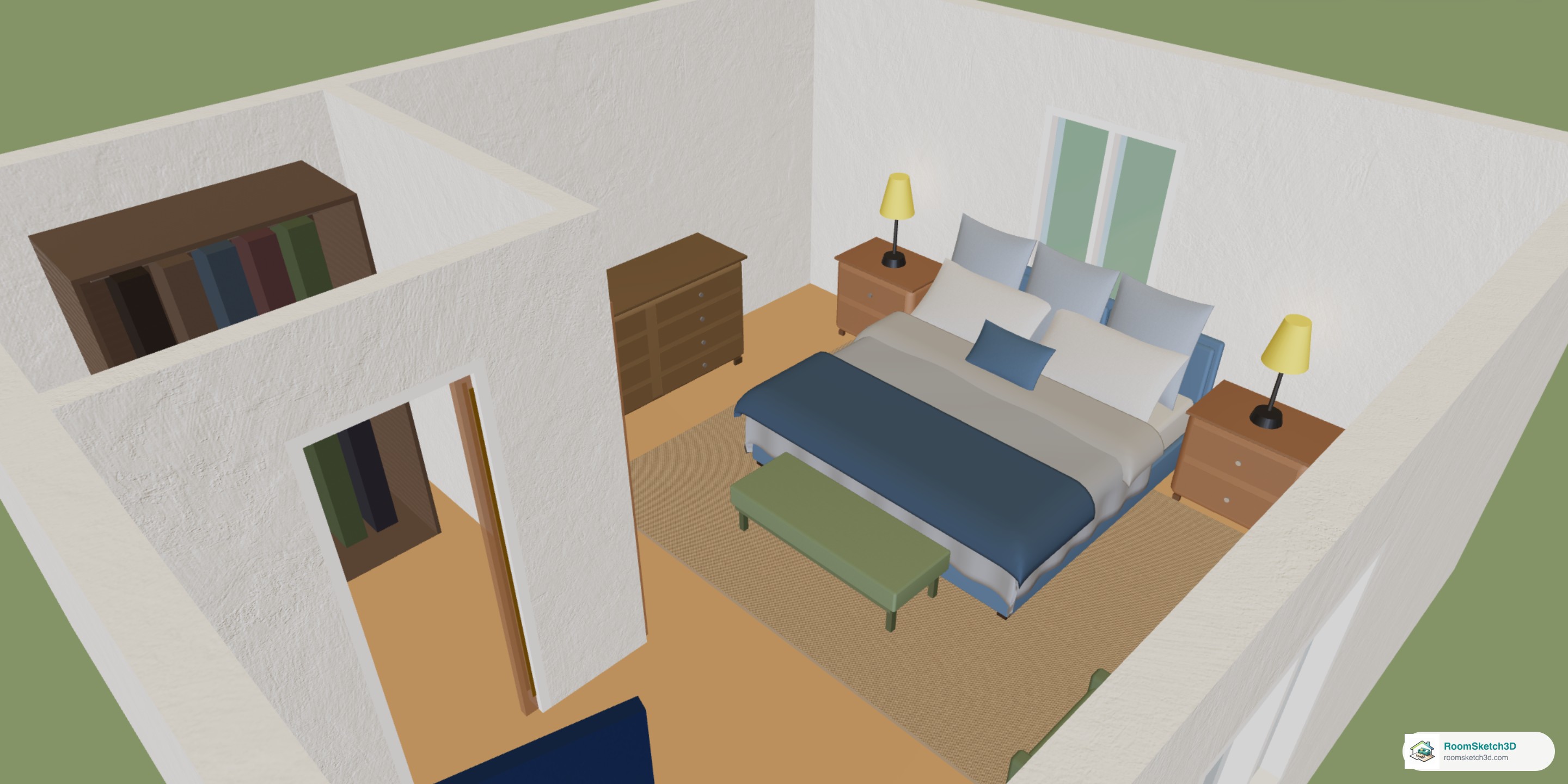 A primary bedroom in the RoomSketch3D 3D view in color, before Line art is turned on