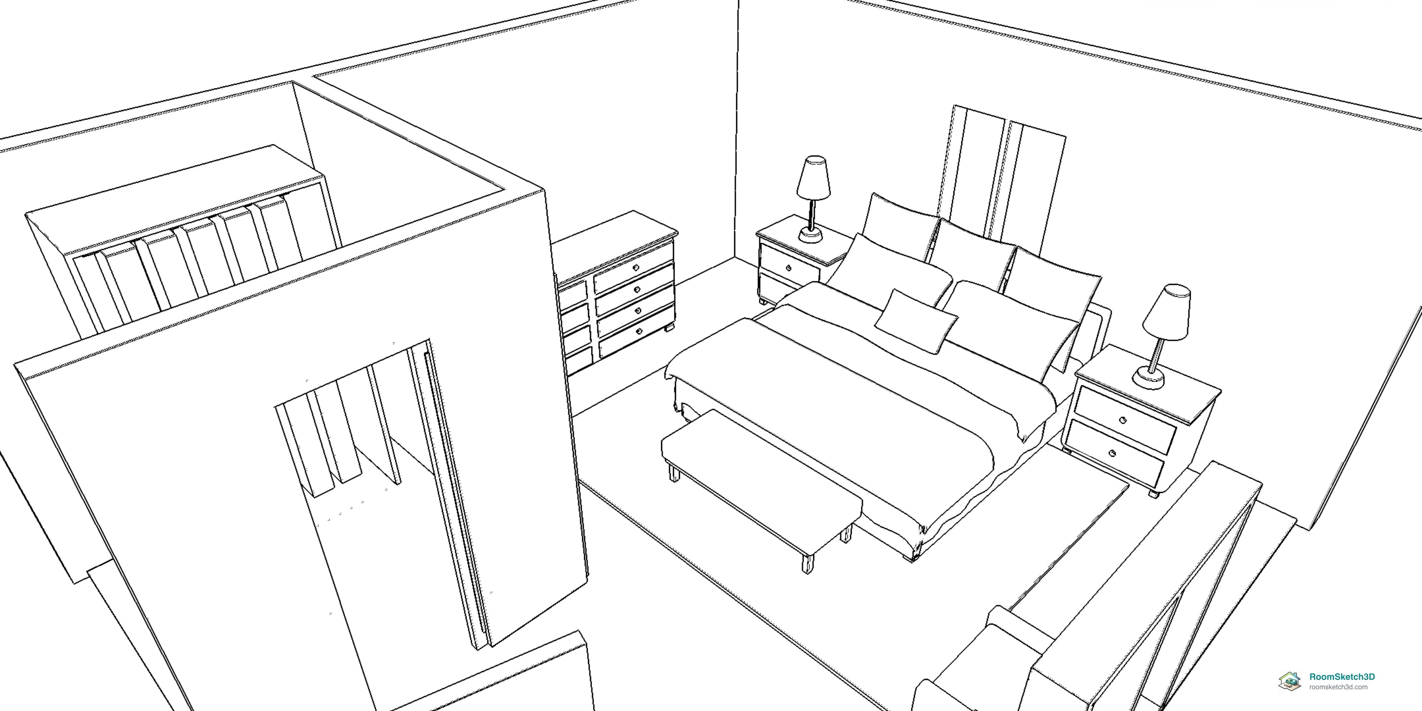 The same primary bedroom drawn as a black-and-white line drawing by the RoomSketch3D Line art view