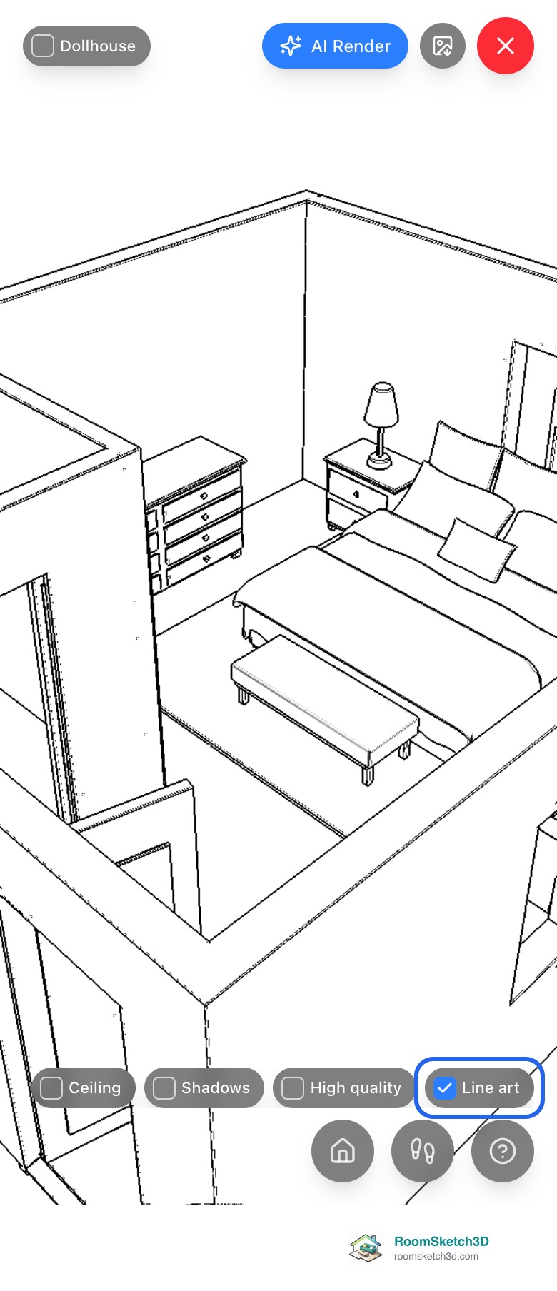 The RoomSketch3D 3D view on a phone drawn as line art, with the Line art switch ticked at the end of the bottom row