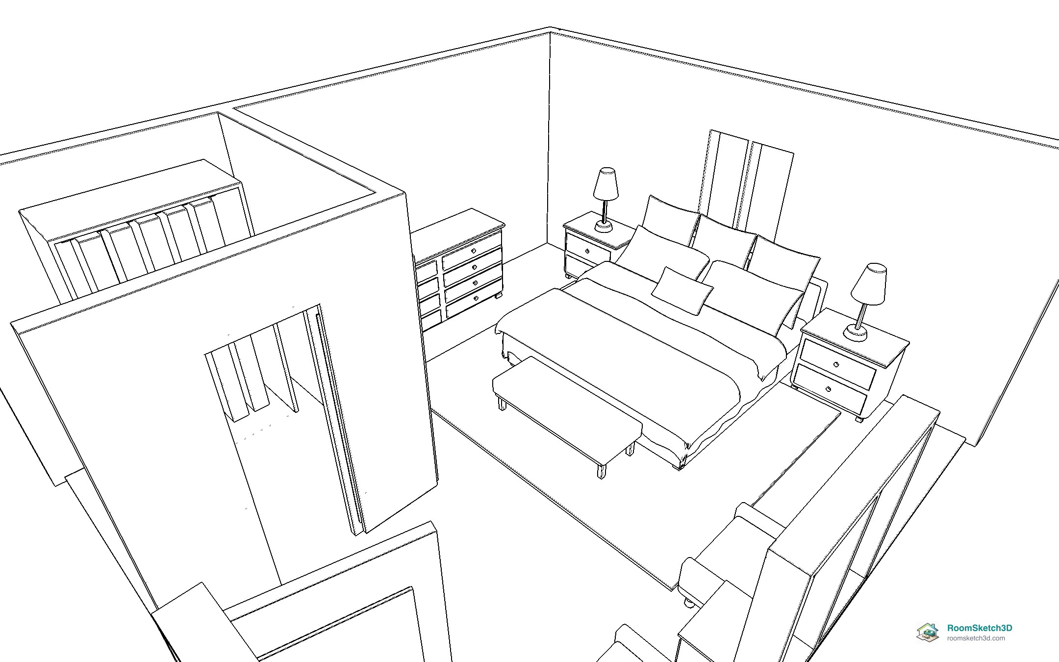 The saved PNG of a primary bedroom as a black-and-white line drawing, with no buttons in the picture — RoomSketch3D room planner app