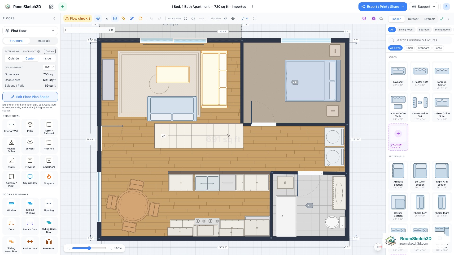 The compass after dragging and double-clicking to snap to a quarter turn — RoomSketch3D floor plan creator