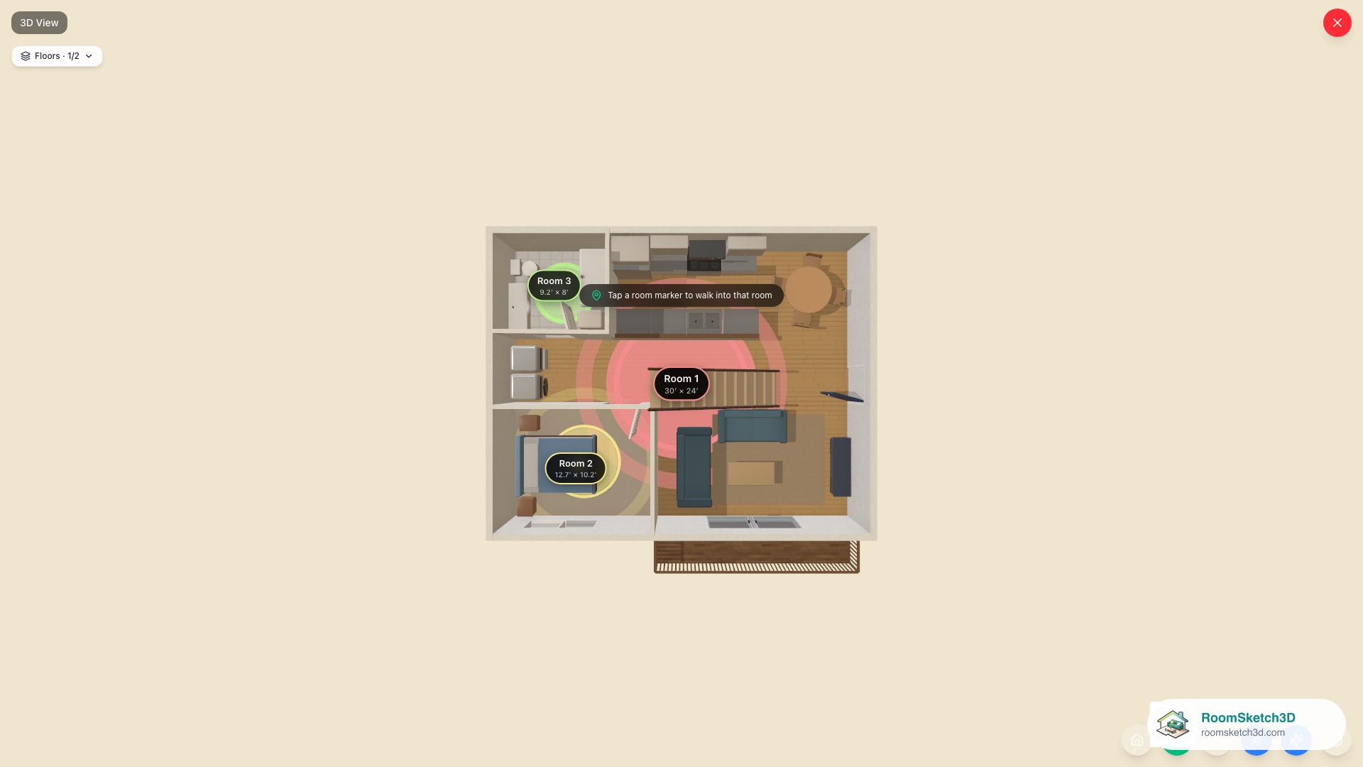 The 3D room picker: a pulsing beacon with a name pill in each room — RoomSketch3D floor planner