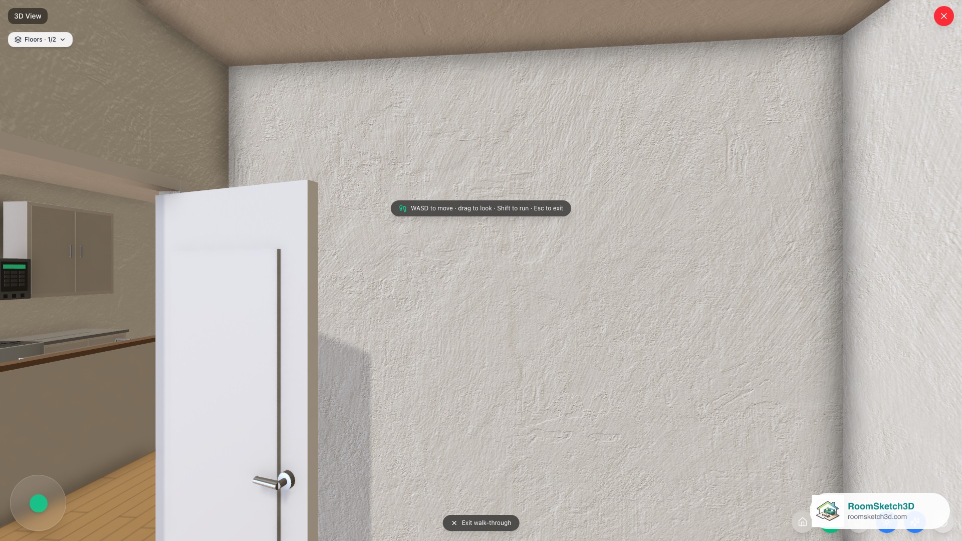 Standing inside the chosen room in walk mode after clicking its beacon — RoomSketch3D home design app