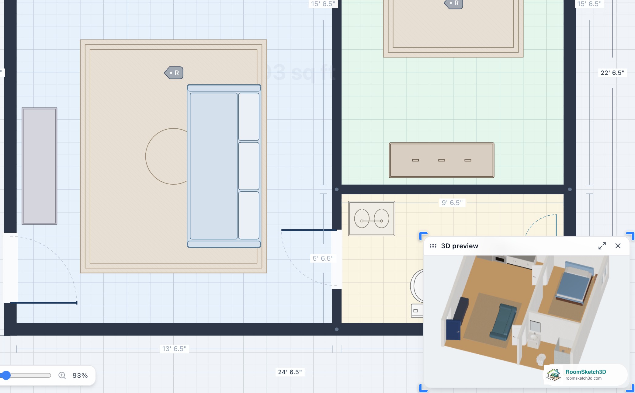 The Small 1-Bedroom Apartment plan with the 3D preview window at the bottom right showing the apartment in 3D, tilted — RoomSketch3D 3D floorplan software