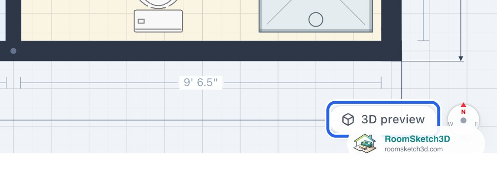 The 3D preview button next to the compass at the bottom right of the plan — RoomSketch3D 3D floorplan software
