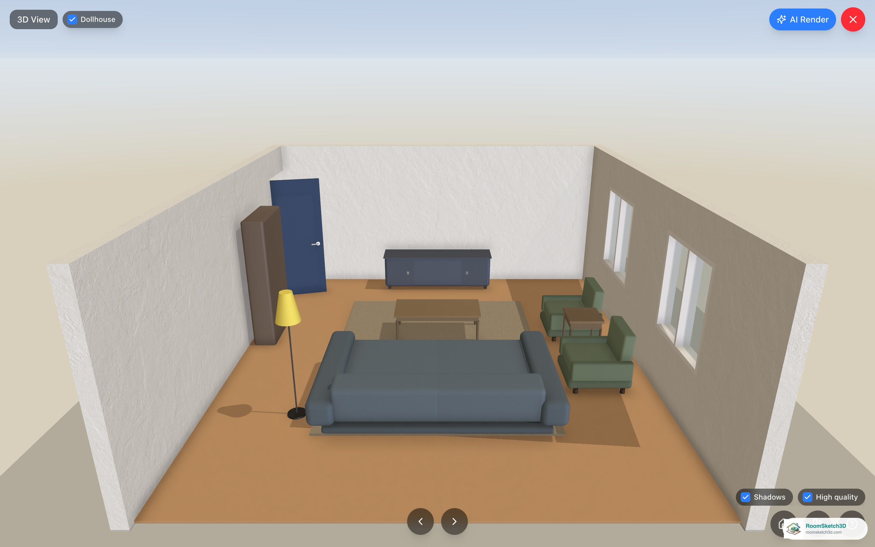 A living room in the RoomSketch3D 3D view in Dollhouse mode with High quality and Shadows turned on, ready for a screenshot