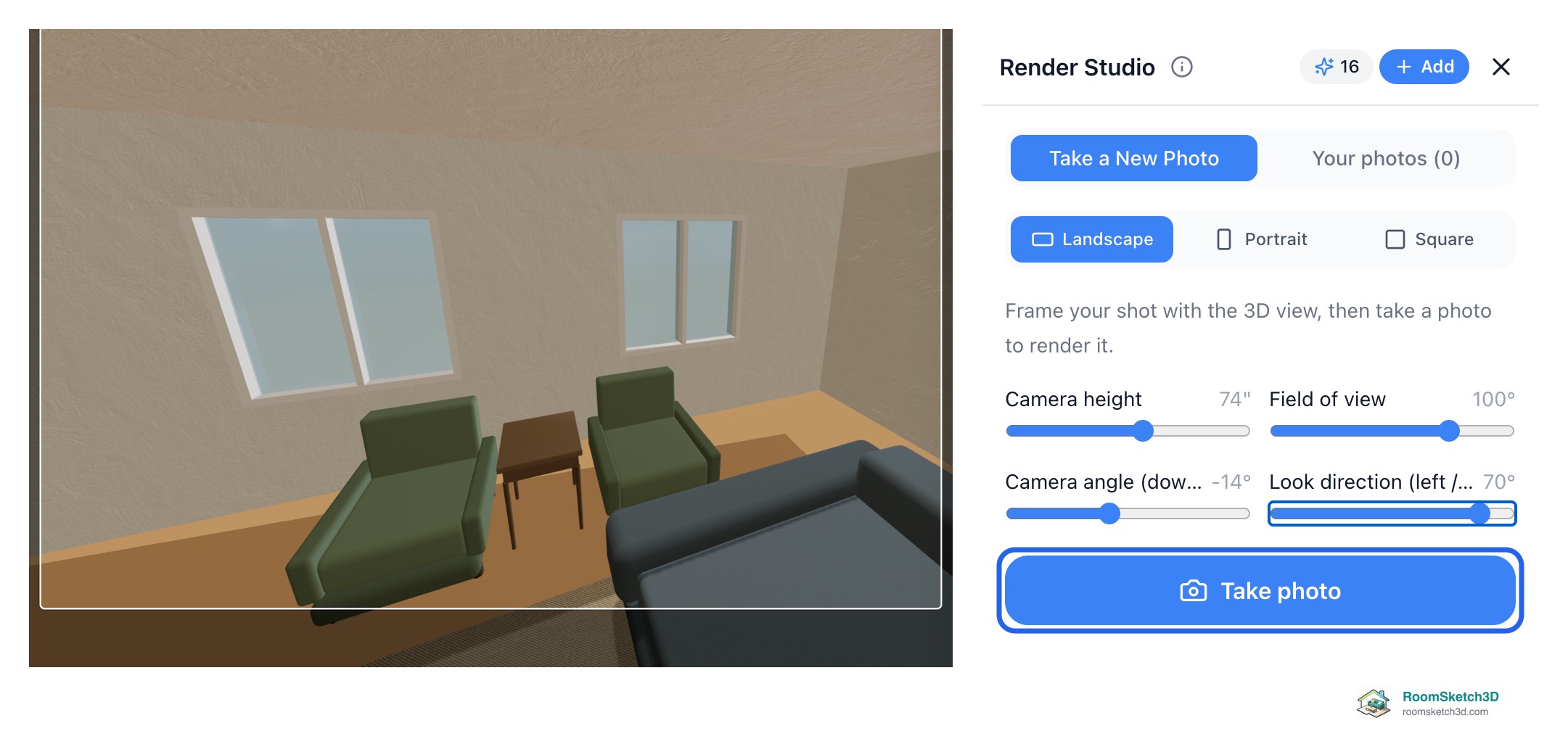 Render Studio framing a living room with two green armchairs, with the Take photo button highlighted — RoomSketch3D floor planner