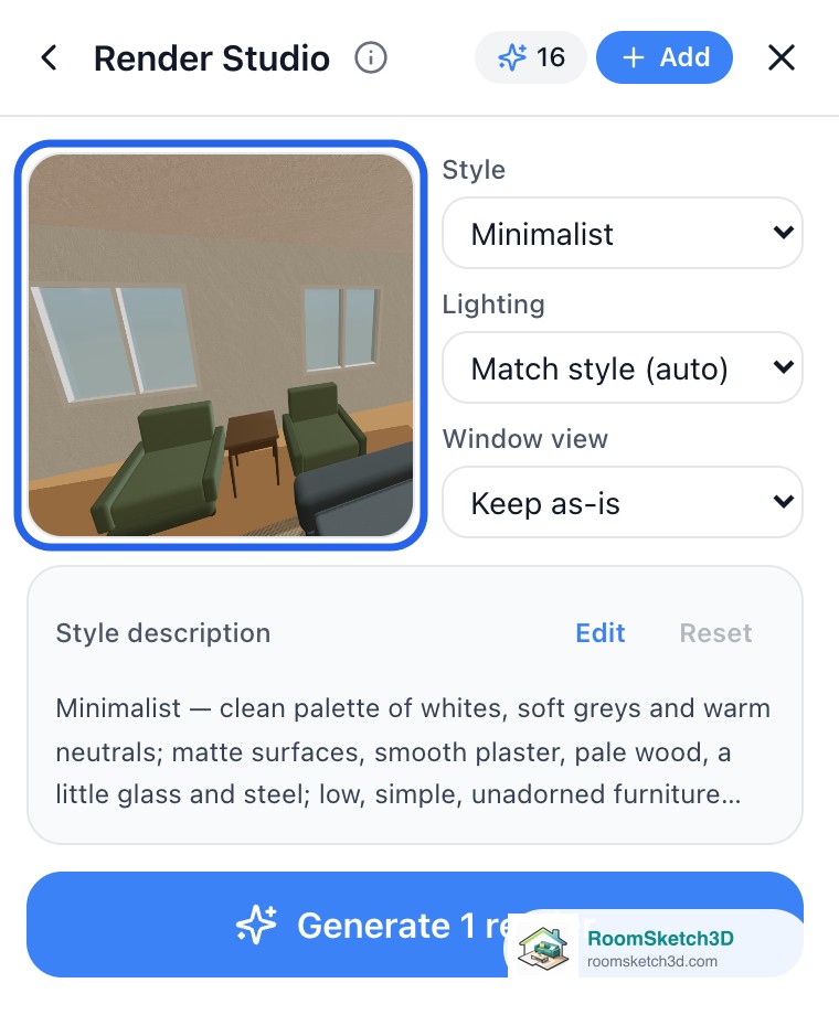 Render Studio panel showing the new photo of the living room highlighted, next to the Style, Lighting, and Window view options — RoomSketch3D room planner app