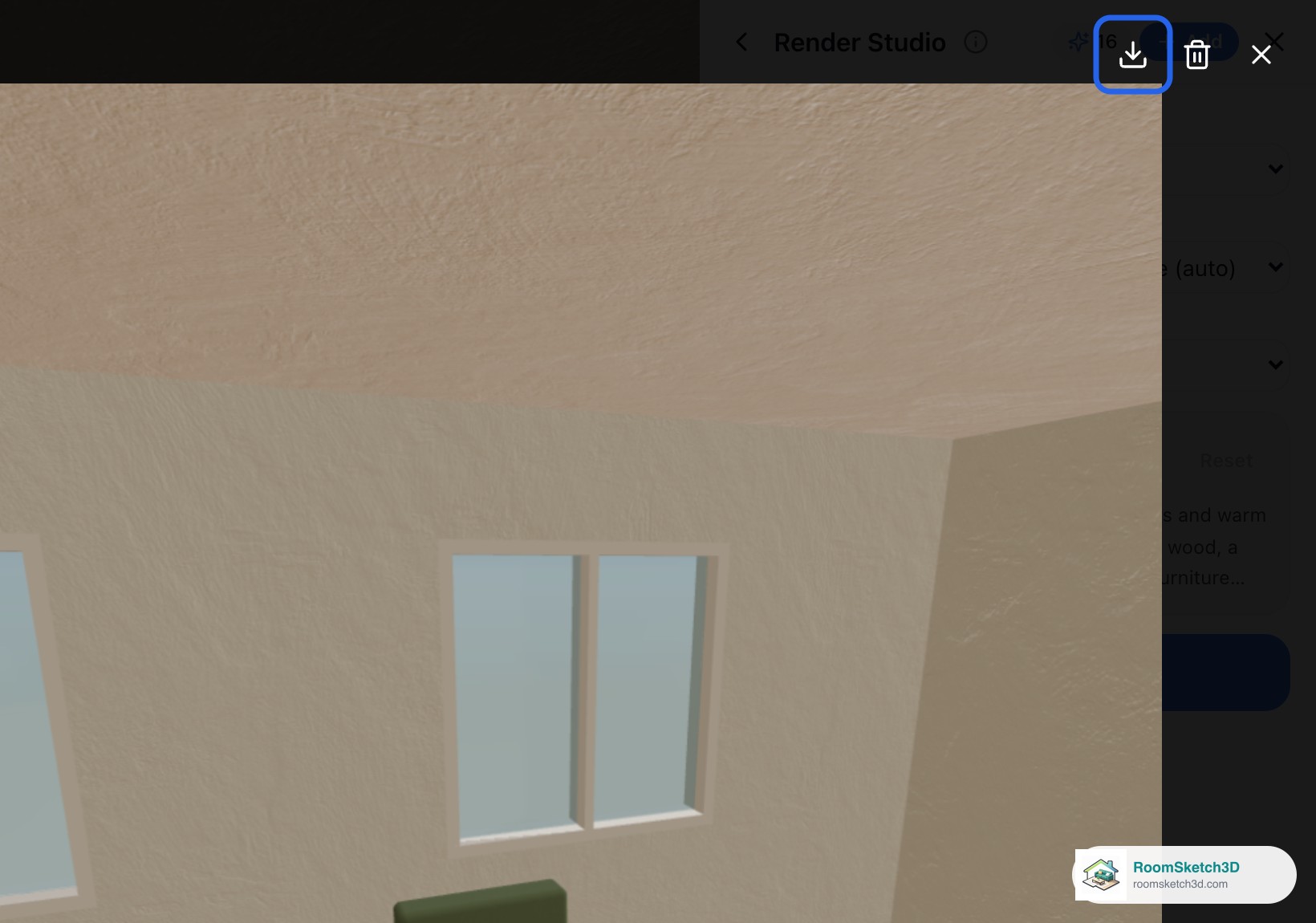 A Render Studio photo of a living room open full screen, with the download button at the top right highlighted — RoomSketch3D floor plan creator
