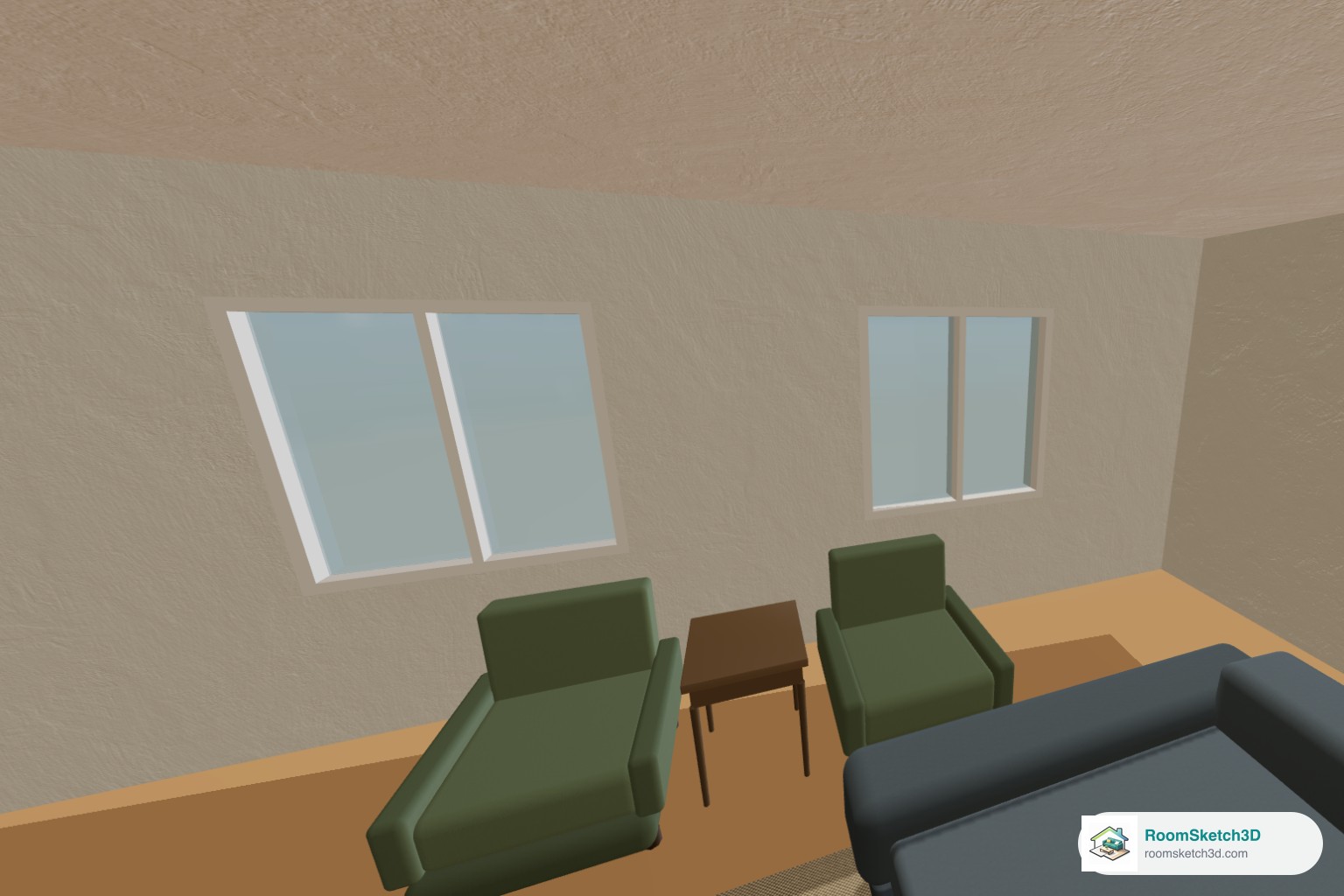 The downloaded plain 3D picture of a living room with two green armchairs, a side table, a sofa, and two windows — RoomSketch3D floor planner