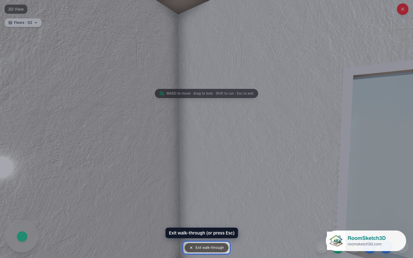 The Exit walk-through button highlighted — RoomSketch3D floor plan creator