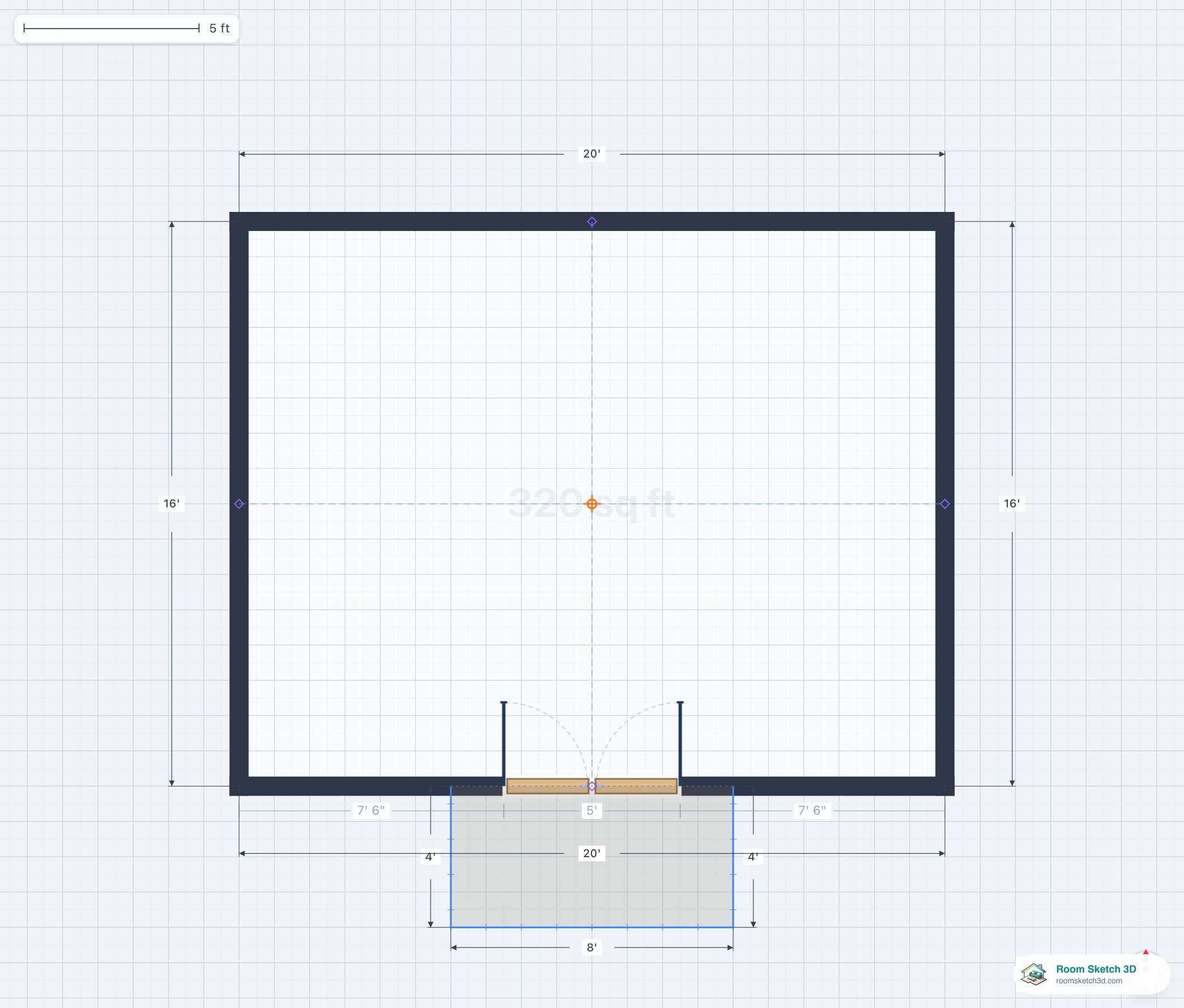 Floor plan of a balcony with glass panel railings — railing rendered as a translucent fill